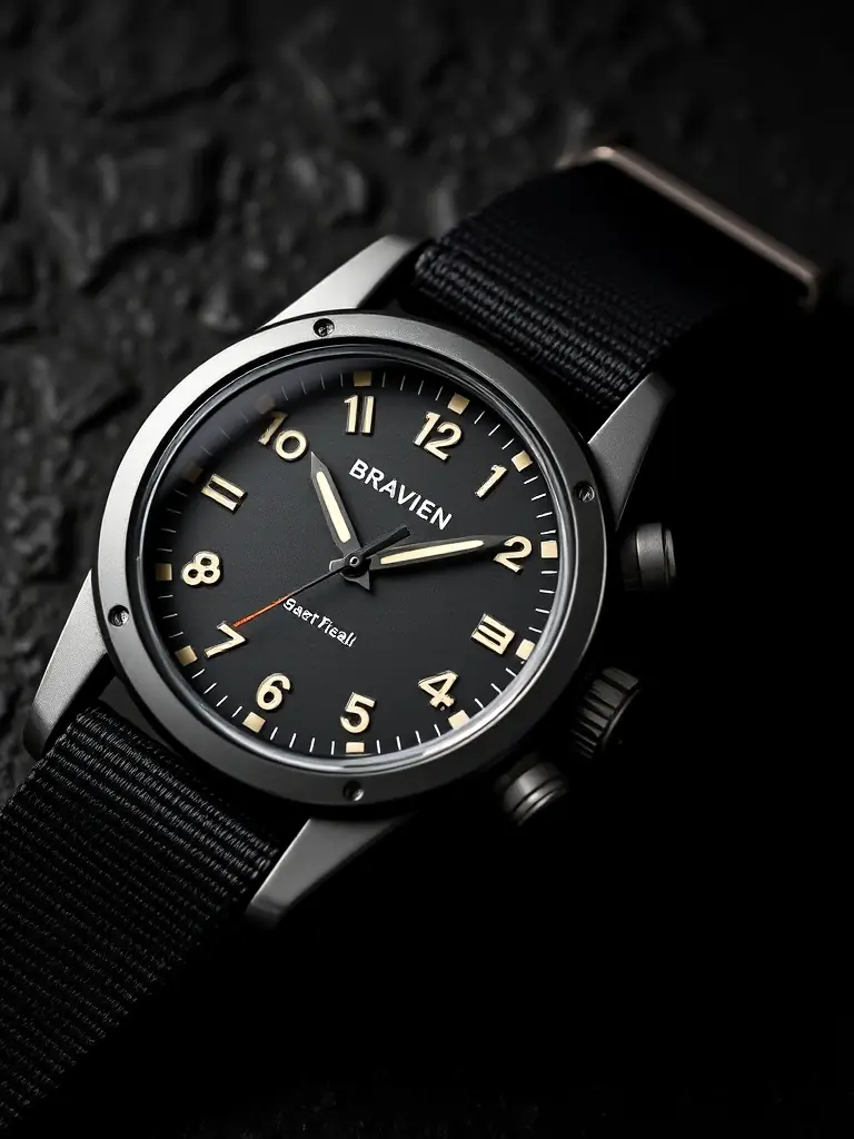 A detailed image of the Bravien Tactical Field Watch, showcasing its rugged black nylon strap, sturdy stainless steel case, and easy-to-read dial with military-inspired markings, set against a dark, textured background.