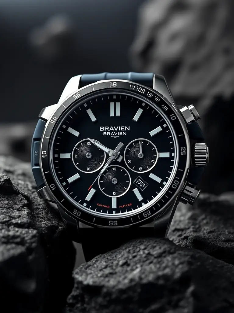 A detailed shot of the Bravien Sporty Chronograph, showcasing its stainless steel case, sporty silicone strap, chronograph functions, and tachymeter scale, set against a dynamic, dark background.