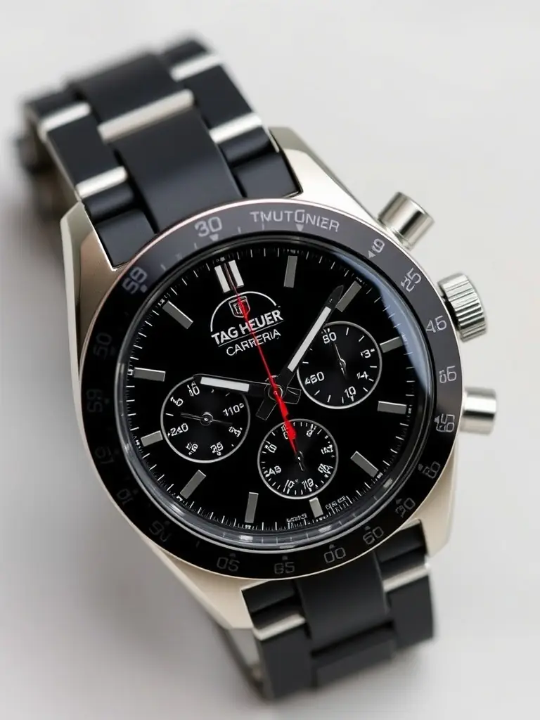A close-up shot of the Bravien Modern Bold Watch, highlighting its large, striking dial with bold, luminous hour markers and chronograph subdials, set against a dark background to emphasize its modern, edgy aesthetic.