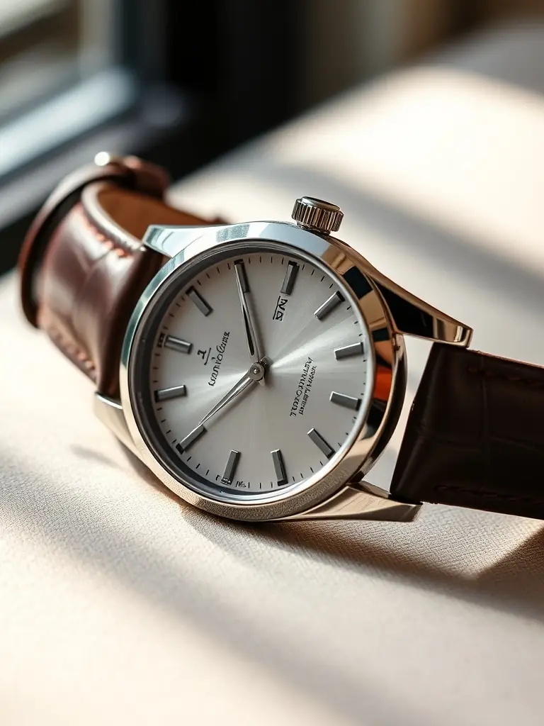 A close-up of the Bravien Elegant Chronograph, highlighting its stainless steel case, sophisticated dial layout with chronograph sub-dials, and genuine leather strap, set against a dark, elegant background.